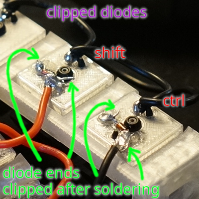 Soldered diodes with clipped wire ends