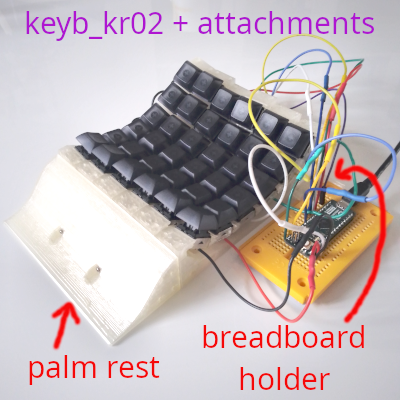 Keyboard kr02, with attachments for palm rest and mini breadboard