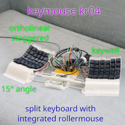 KeyMouse kr04 with roller mouse and two 6x6 keyboards, ortholinear, column-staggered, key well, 15° angle, unibody split